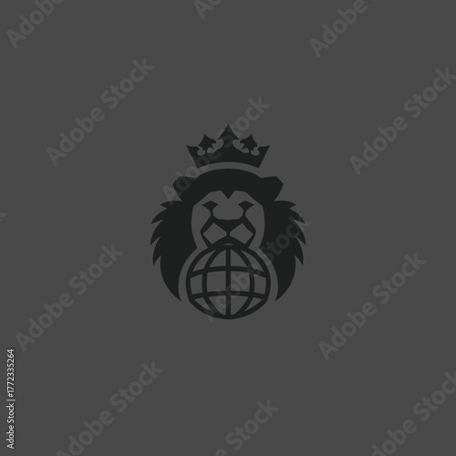 Sophisticated Lion Head Logo with Crown and World Globe Symbolizing Global Power, International Leadership, and Business