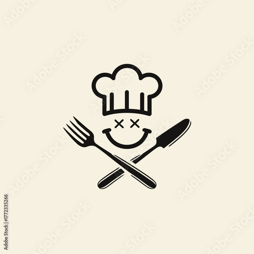 Playful chef hat icon with crossed cutlery and funny X-eyed smiley face, perfect for restaurant, food, or culinary design.