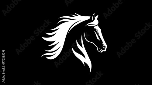 Elegant white horse head silhouette with flowing mane on a black background. Dynamic equine animal logo concept symbolizing strength and freedom.