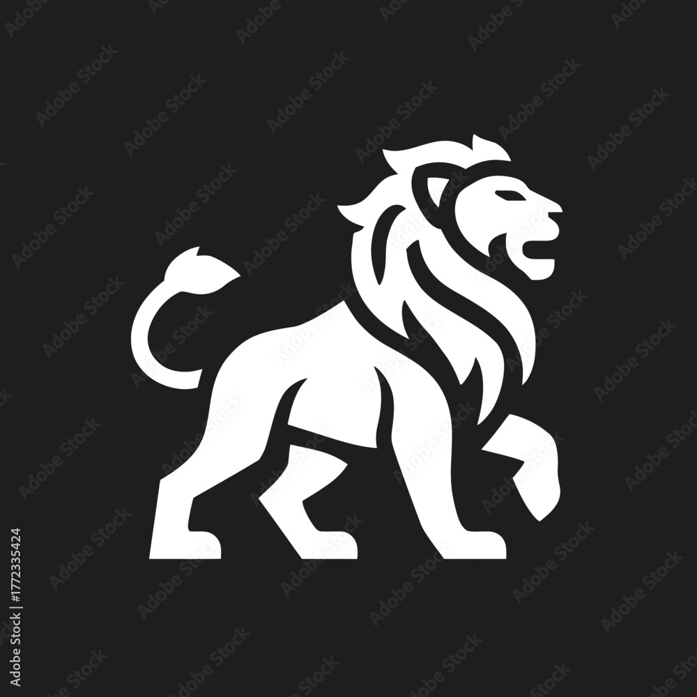 Fototapeta premium Powerful walking lion silhouette, white graphic icon on dark background. Symbol of strength, leadership, courage, and nobility. Modern emblem.