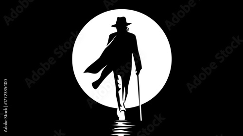Mysterious silhouette of a man in a fedora and trench coat walking with a cane against a bright circle, classic film noir style.