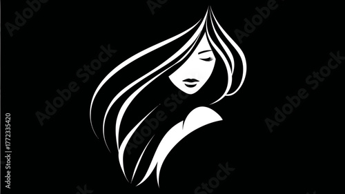 Stylized elegant woman silhouette with flowing hair on black background. Modern graphic design for beauty, fashion, and wellness.