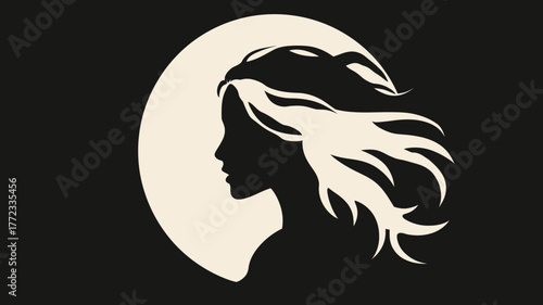 Elegant woman's profile silhouette with long, flowing hair against a bright circular background. Minimalist graphic design.