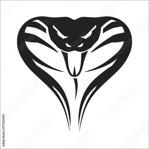 Powerful black cobra snake head vector illustration, aggressive reptile symbol, fierce predator icon, stylized design.
