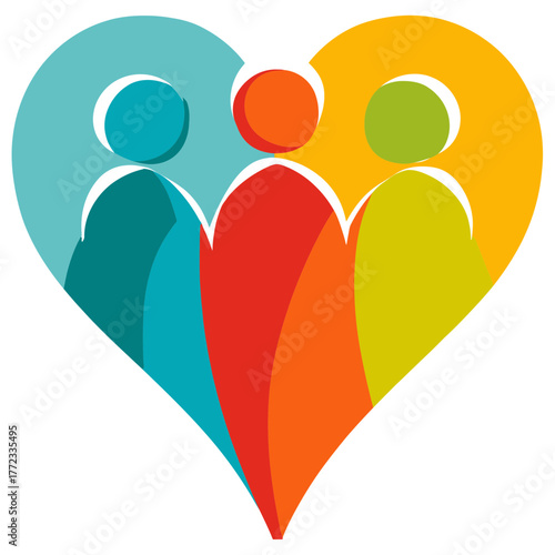 Vibrant vector illustration of abstract people in a heart, symbolizing community, unity, diversity, and social connection.