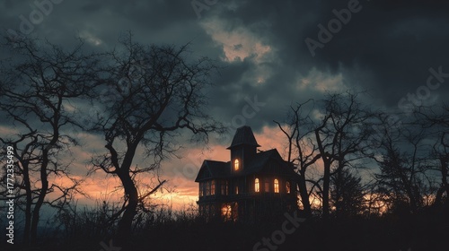 Atmospheric Halloween background with haunted house silhouette crooked trees glowing windows dark cloudy sky high-quality image