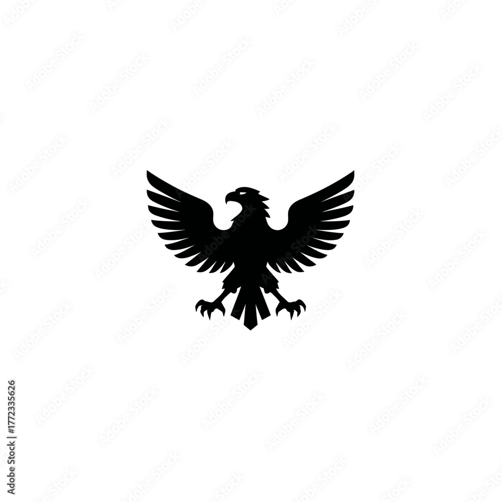 Fototapeta premium Powerful black eagle silhouette with spread wings, isolated vector graphic on white. Symbol of strength, freedom, victory, and courage.