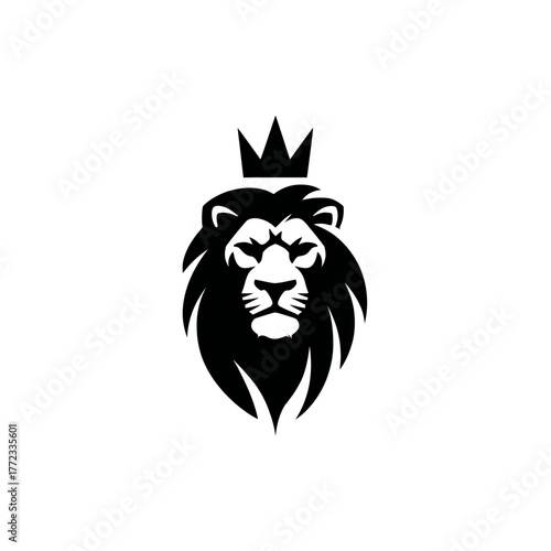 Bold black and white lion head with a powerful royal crown illustration, symbolizing strength, leadership, and majesty