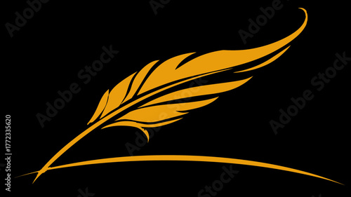 Elegant golden feather quill pen vector illustration on black background. Symbol of writing, literature, art, history, and creative expression.
