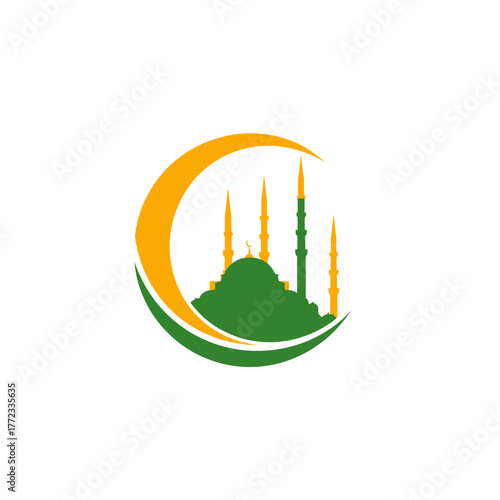 Islamic Mosque and Crescent Moon Vector Logo. Religious Symbol for Ramadan, Eid, Islamic Culture, Prayer, and Worship. Modern Flat Design Illustration.