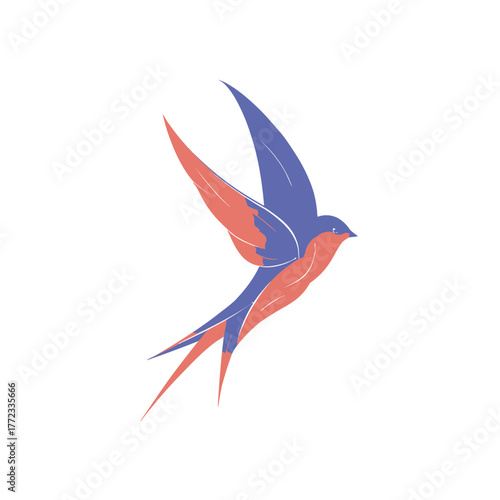 Elegant stylized flying bird vector illustration in blue and coral colors. Minimalist graceful swift or swallow silhouette graphic.