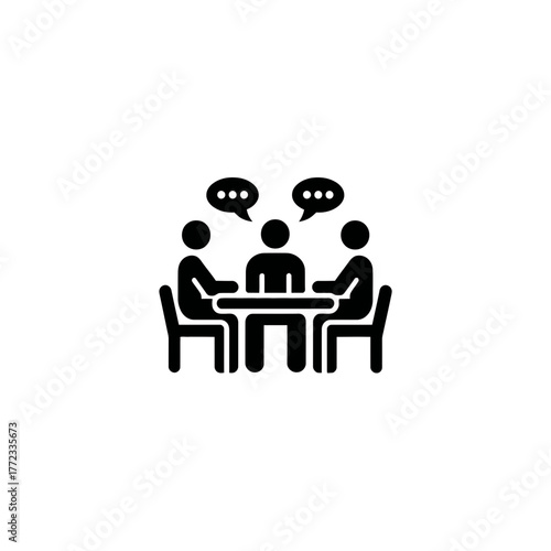 Group discussion icon. Business meeting, collaboration, communication, and teamwork symbol. People at a table talking.