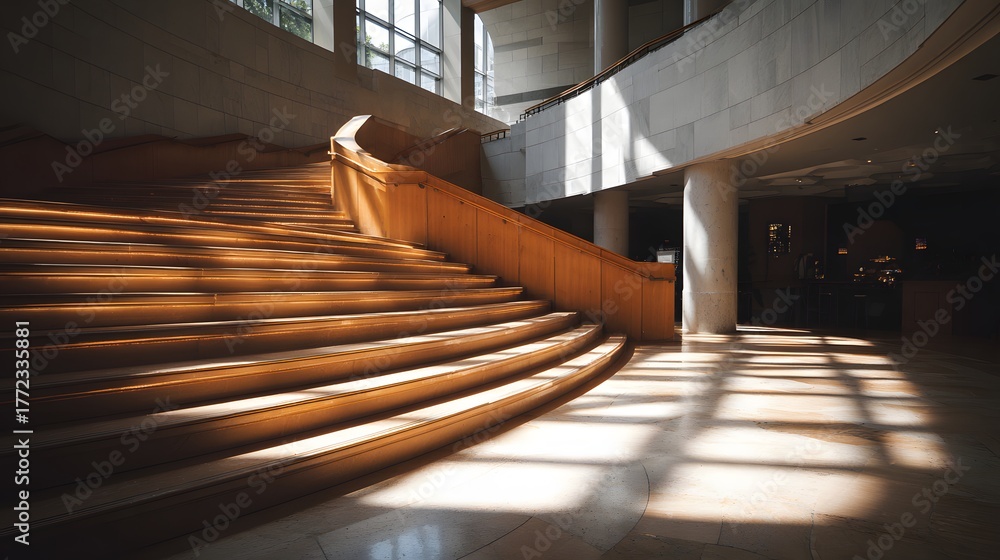 Obraz premium Grand interior staircase glows with dramatic shafts of natural sunlight