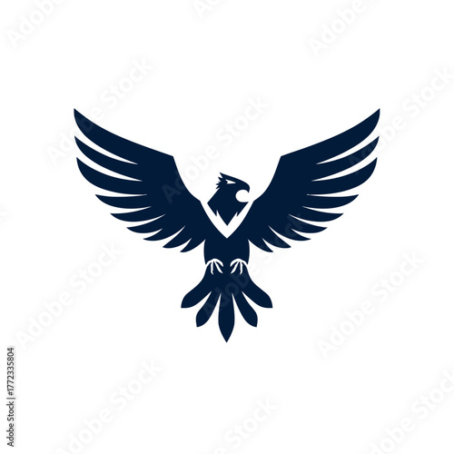 Powerful stylized eagle or hawk flying with majestic spread wings, a dynamic bird of prey vector illustration icon.