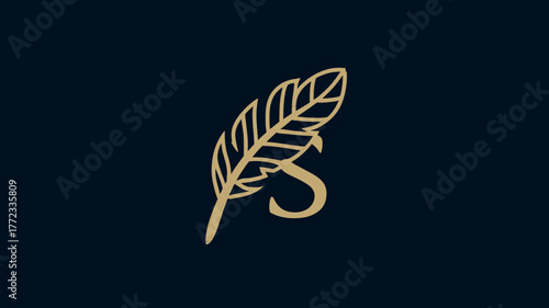 Elegant gold feather quill pen with initial letter S on a dark navy blue background, classic and sophisticated design icon