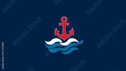 Classic Red Anchor with Blue and White Waves on Dark Blue Background. Nautical Marine Sea Symbol Vector Illustration Design.