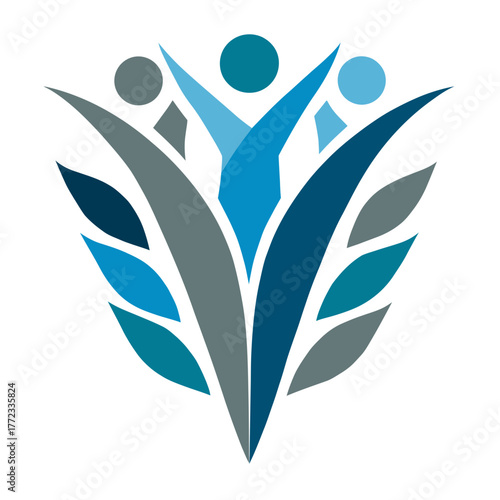 Abstract community support graphic with stylized people celebrating success and growth in a blue and gray design icon