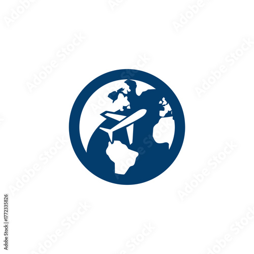 Global airplane travel icon, earth and aircraft, international flight journey concept, world tour transport vector graphic