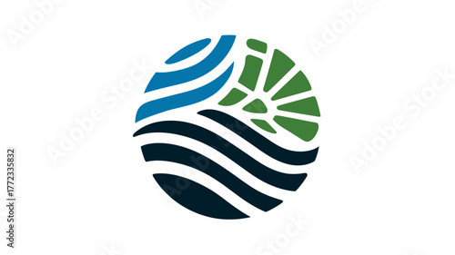 Abstract circular icon with blue waves and green organic shapes, symbolizing nature, water, environment, growth, and sustainability.