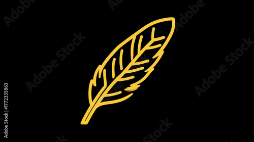 Stylized Golden Feather Line Art Illustration Icon on Black Background. Minimalist Design Element for Writing and Creativity.