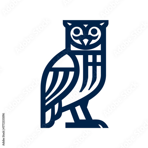 Stylized geometric owl illustration on white background, a modern minimalist design icon representing wisdom and nocturnal beauty.