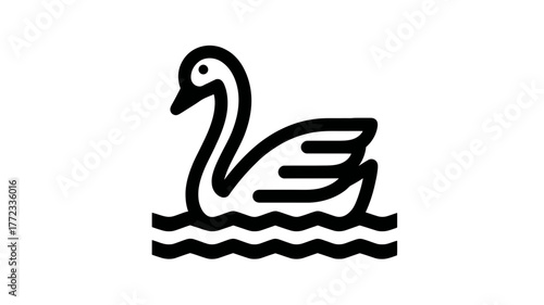 Simple black outline swan icon swimming on water. Elegant minimalist vector illustration of a graceful waterfowl.