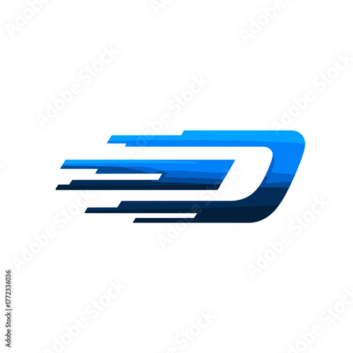 Abstract blue letter D with speed effect, modern dynamic initial logo, concept of fast digital technology and rapid movement