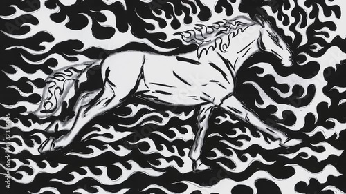 animated video of watercolor drawings year of the red fire horse 2026 black and white