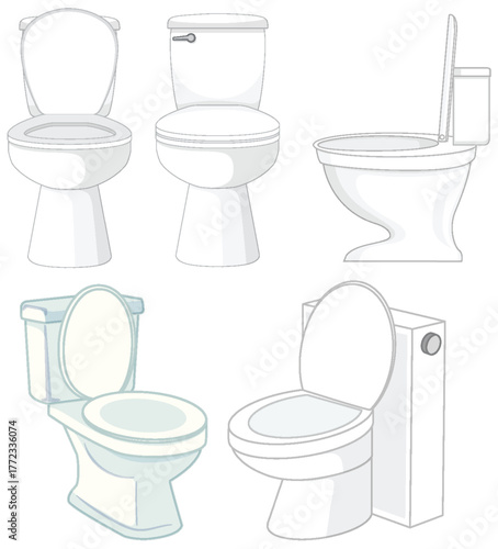 Vector Illustration of Five Modern Toilet Designs in Various Angles