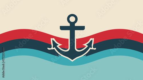 Classic Nautical Anchor on Wavy Sea Background with Red and Blue Stripes. Maritime Travel and Ocean Exploration Theme.