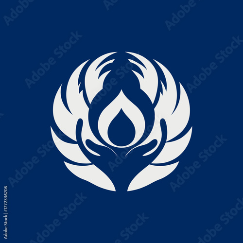 Stylized white emblem featuring upward-reaching hands, a central flame or drop, and radiating wings on a deep blue background, symbolizing spirit and care.
