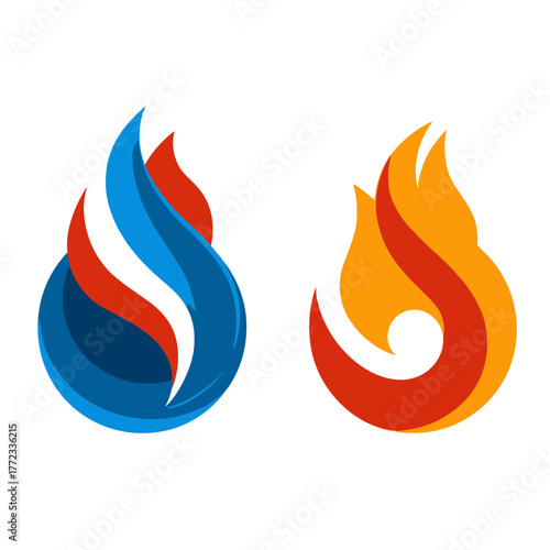 Abstract hot and cold flames vector illustration. Stylized fire and water elements symbolizing energy, contrast, and duality in design.
