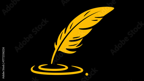 Elegant golden feather quill pen dipping into ink, creating artistic ripples on a sleek black background, symbolizing writing and creativity.
