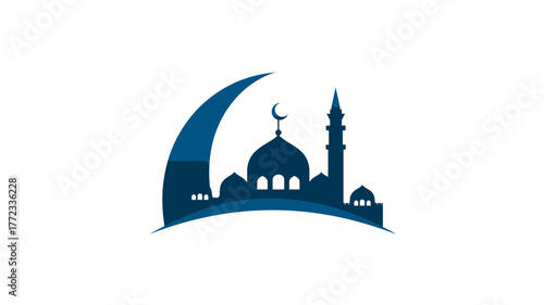 Stylized blue mosque silhouette with crescent moon symbol, Islamic architecture, spirituality, prayer, and religious worship design element