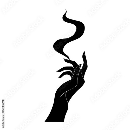 Elegant black silhouette of a graceful hand with mystical smoke or wavy wisp rising, a minimalist graphic element with spiritual essence