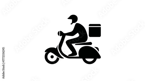 Fast delivery service icon: Person on scooter with package box, express courier moped symbol for quick shipping