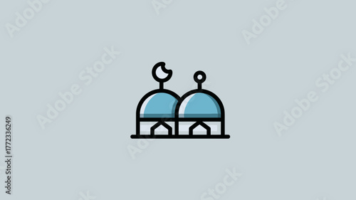 Minimalist blue mosque domes icon with crescent moon symbol, flat vector illustration representing Islamic worship and culture