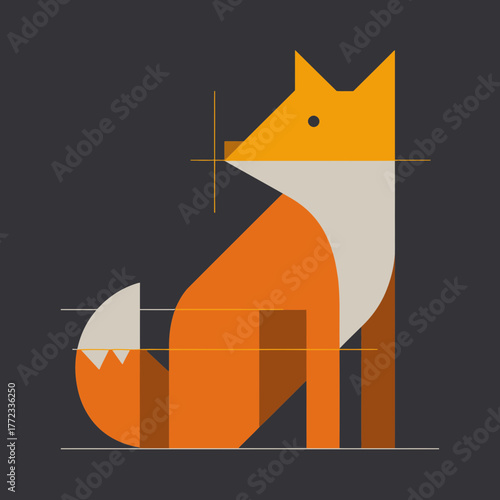 Modern geometric orange and white fox illustration, minimalist vector art on dark background, sleek flat design graphic.
