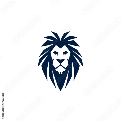 Stylized majestic lion head logo icon with bold dark blue mane on white background, representing strength and leadership