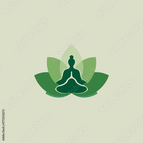 Green stylized illustration of person meditating in lotus pose on lotus flower. Concept for yoga, wellness, mindfulness, and inner peace.