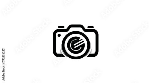 Modern black and white camera icon for photography, videography, or media applications. Simple flat design symbol.