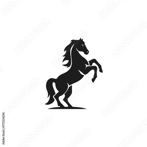 Powerful black horse silhouette rearing up, dynamic equine symbol of strength, freedom, and majesty on a clean white background.