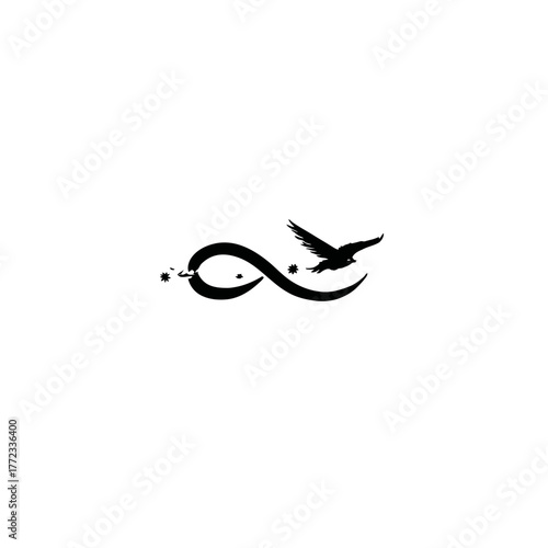 Elegant black silhouette: infinity symbol intertwined with a soaring bird. Minimalist graphic design representing freedom and eternity.