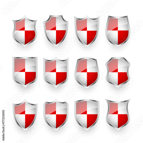 Glossy shields with red and black white. Security and protection concept. Cyber safety icons, internet privacy, web defense, digital data protection and antivirus themes. Vector illustration