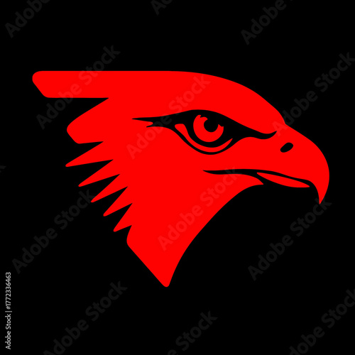 Bold red stylized bird of prey head illustration on a black background, representing strength, power, vision, and aggression. Graphic raptor design.