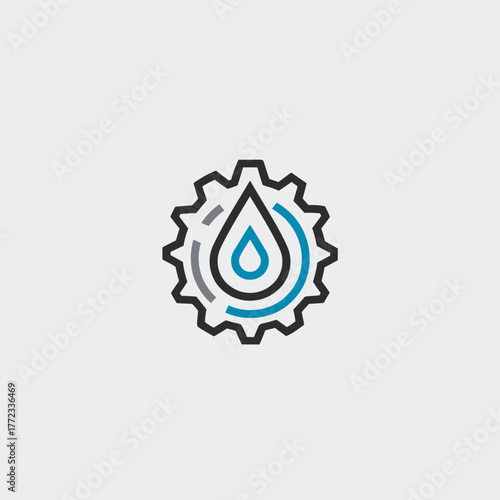 Fluid Engineering Gear Icon, Water Drop and Cogwheel Symbolizing Industrial Process, Lubrication, or Mechanical System Maintenance