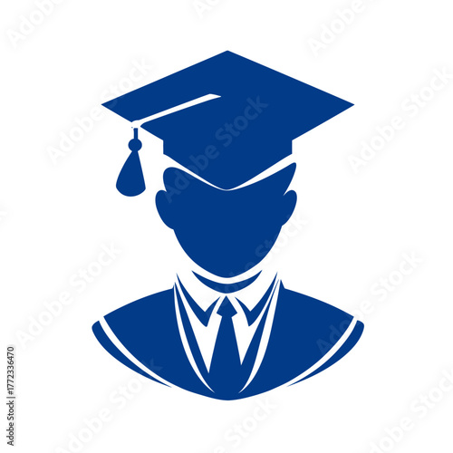Blue icon of a graduate student in a cap and suit, symbolizing academic achievement, higher education, and success in learning