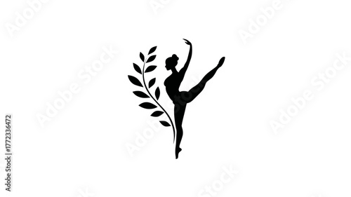 Elegant minimalist female dancer silhouette with natural leaf branch. Graceful ballet-inspired pose, artistic black and white design.
