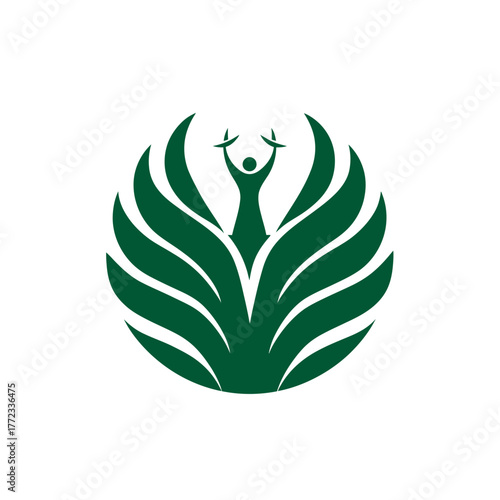 Vibrant green abstract human figure with raised arms surrounded by radiating leaves, symbolizing nature, growth, freedom, well-being, and vitality.
