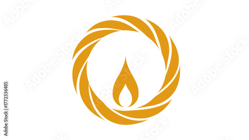 Golden flame icon in a braided circular ring, abstract spiritual light symbol, warm energy graphic design element